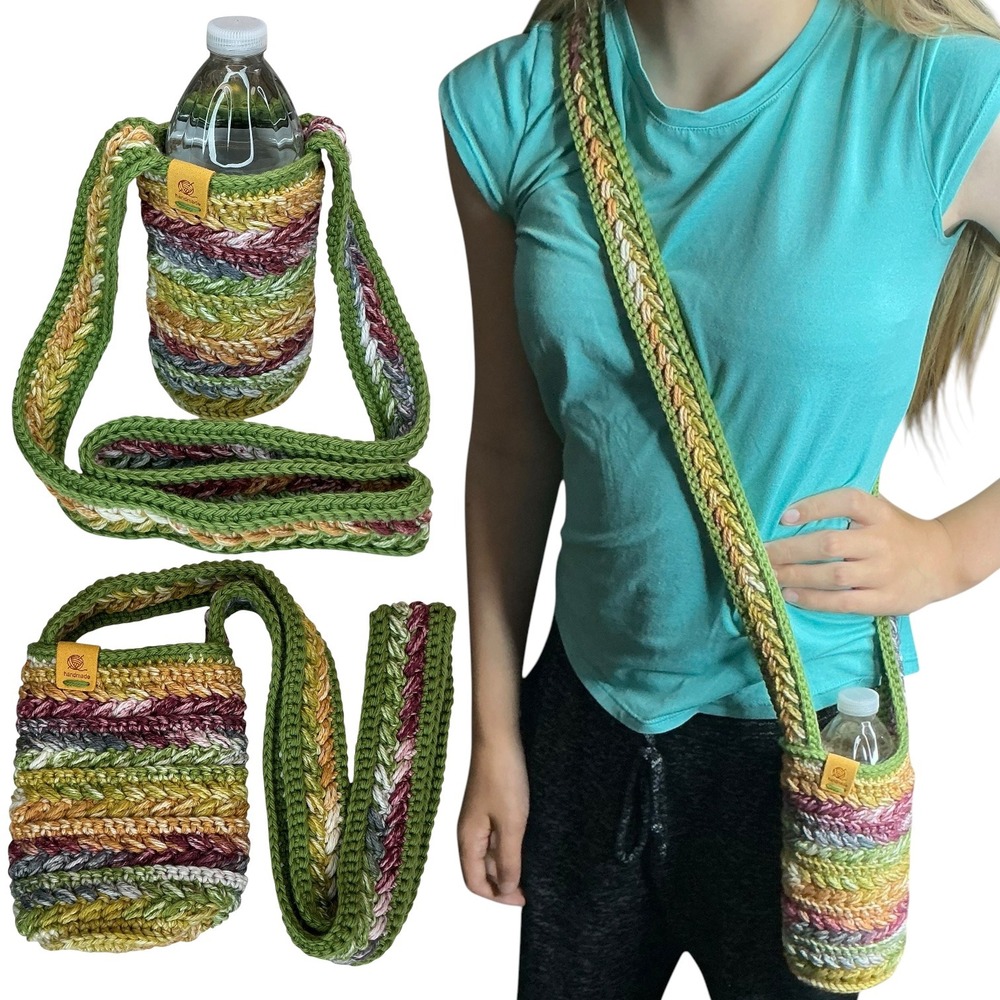 Handmade Multicolor Crochet Water Bottle Holder Bag Wheat‎ Stitch Boho Crossbody